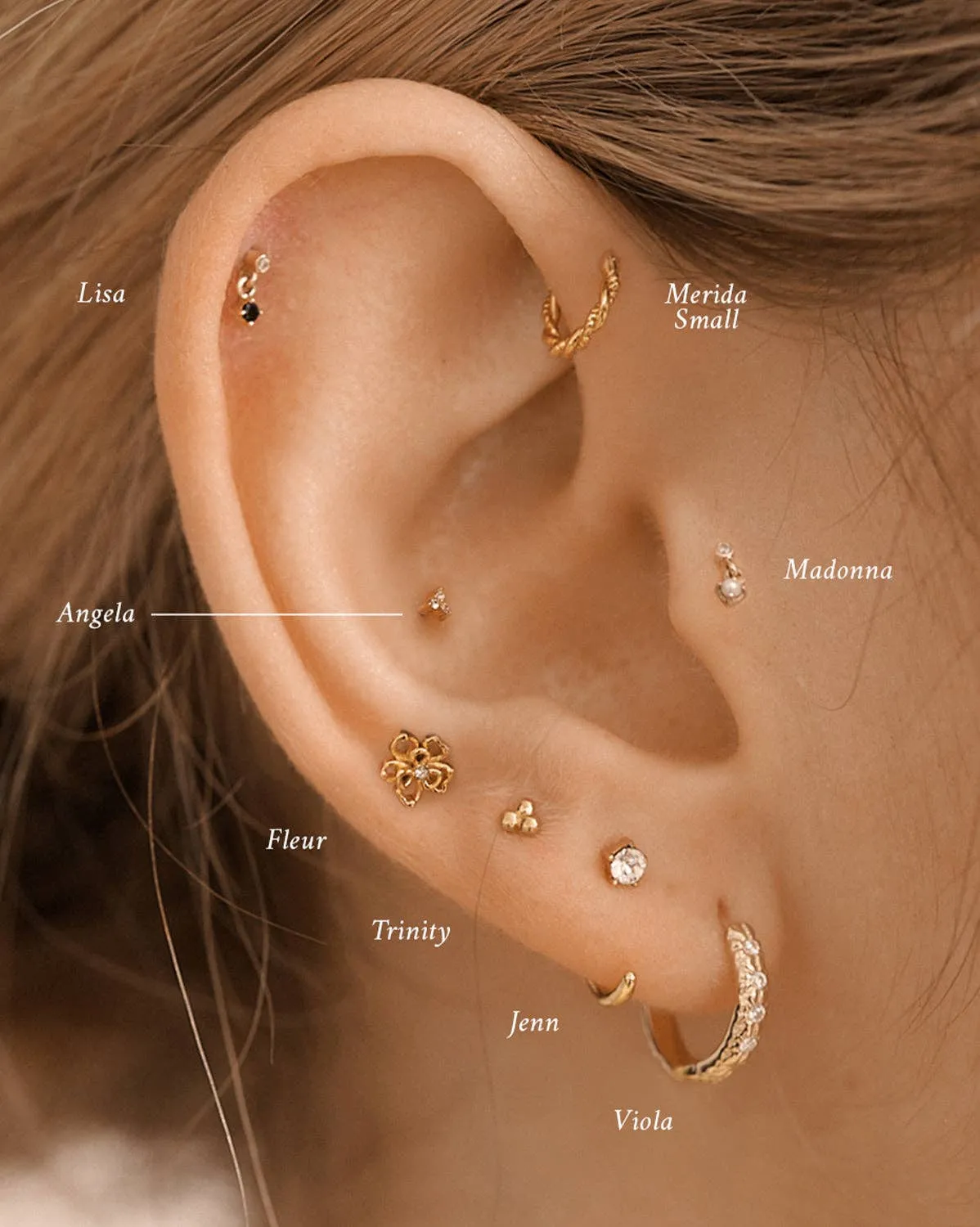 14K Solid Gold Angela Tiny Trio Stud