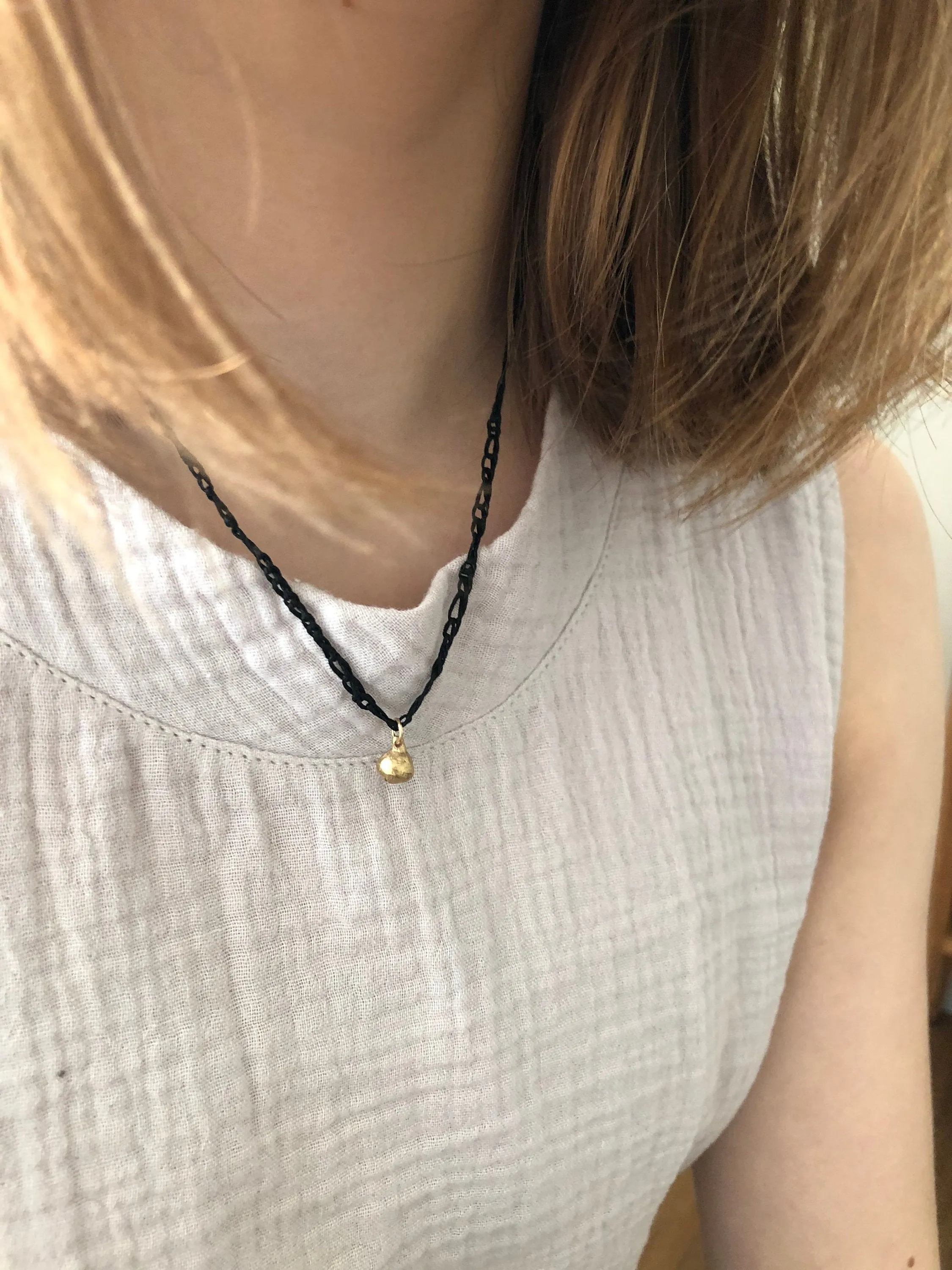 14K Solid Gold Pendant With Black Knitted Necklace Thread