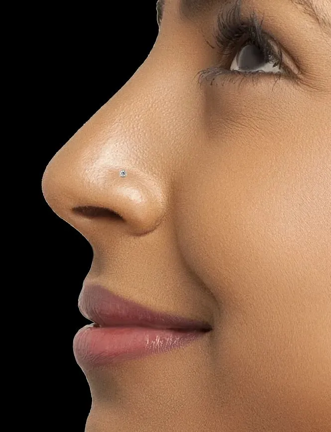14K White Gold Diamond Nose Ring with Flush Bezel Setting - 20 Gauge, I1