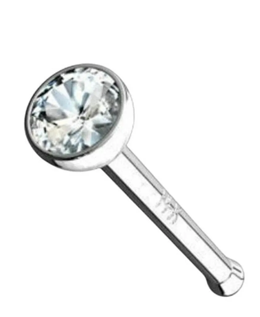 14K White Gold Diamond Nose Ring with Flush Bezel Setting - 20 Gauge, I1