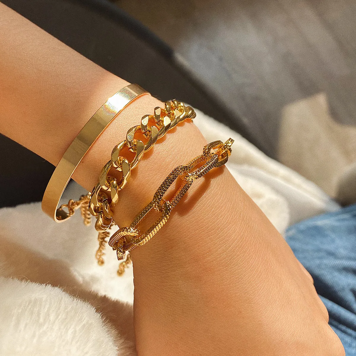 18K Gold-Plated Cut Figaro Bracelet Set