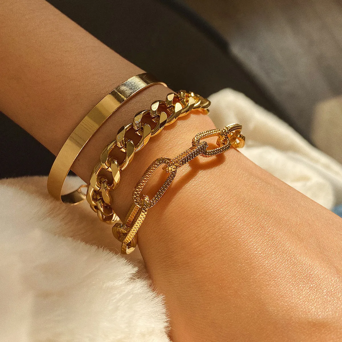 18K Gold-Plated Cut Figaro Bracelet Set