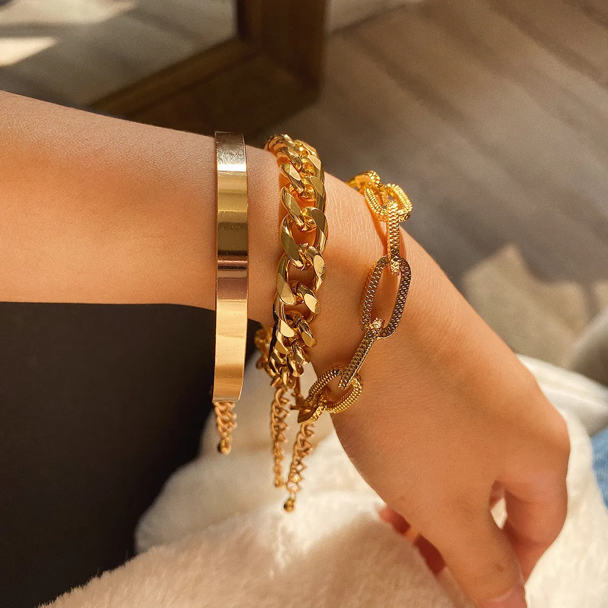 18K Gold-Plated Cut Figaro Bracelet Set
