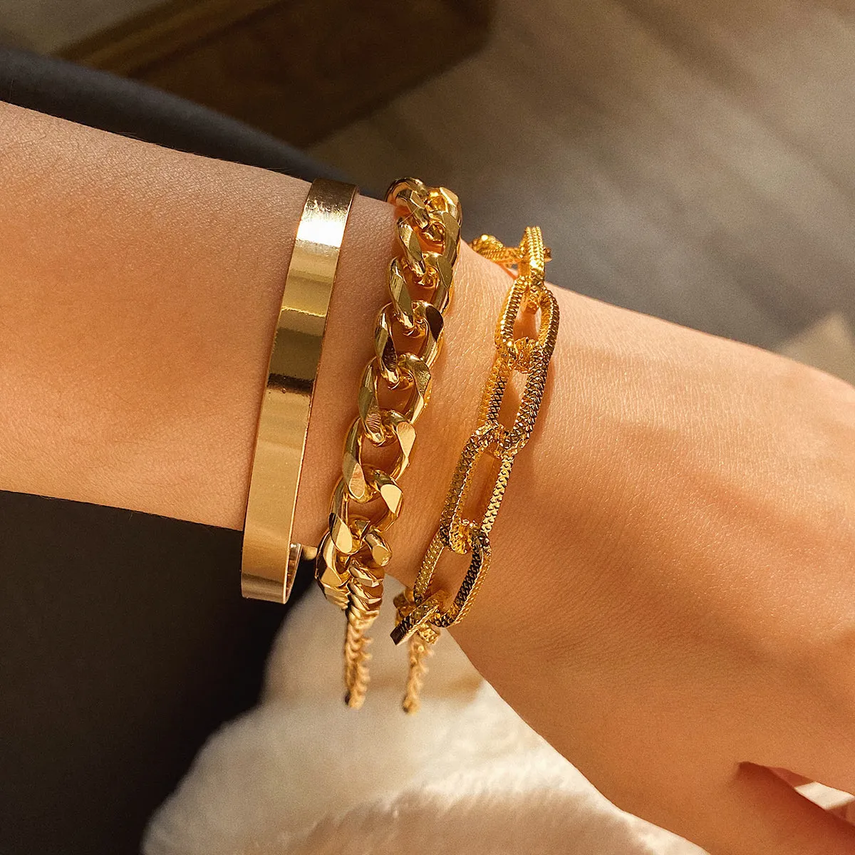 18K Gold-Plated Cut Figaro Bracelet Set