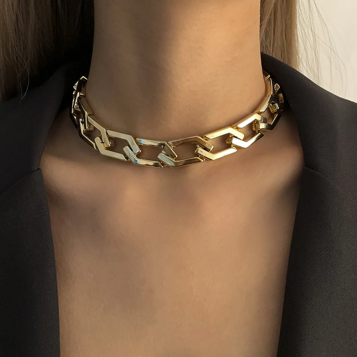 18K Gold-Plated Open Hexagon Choker Necklace