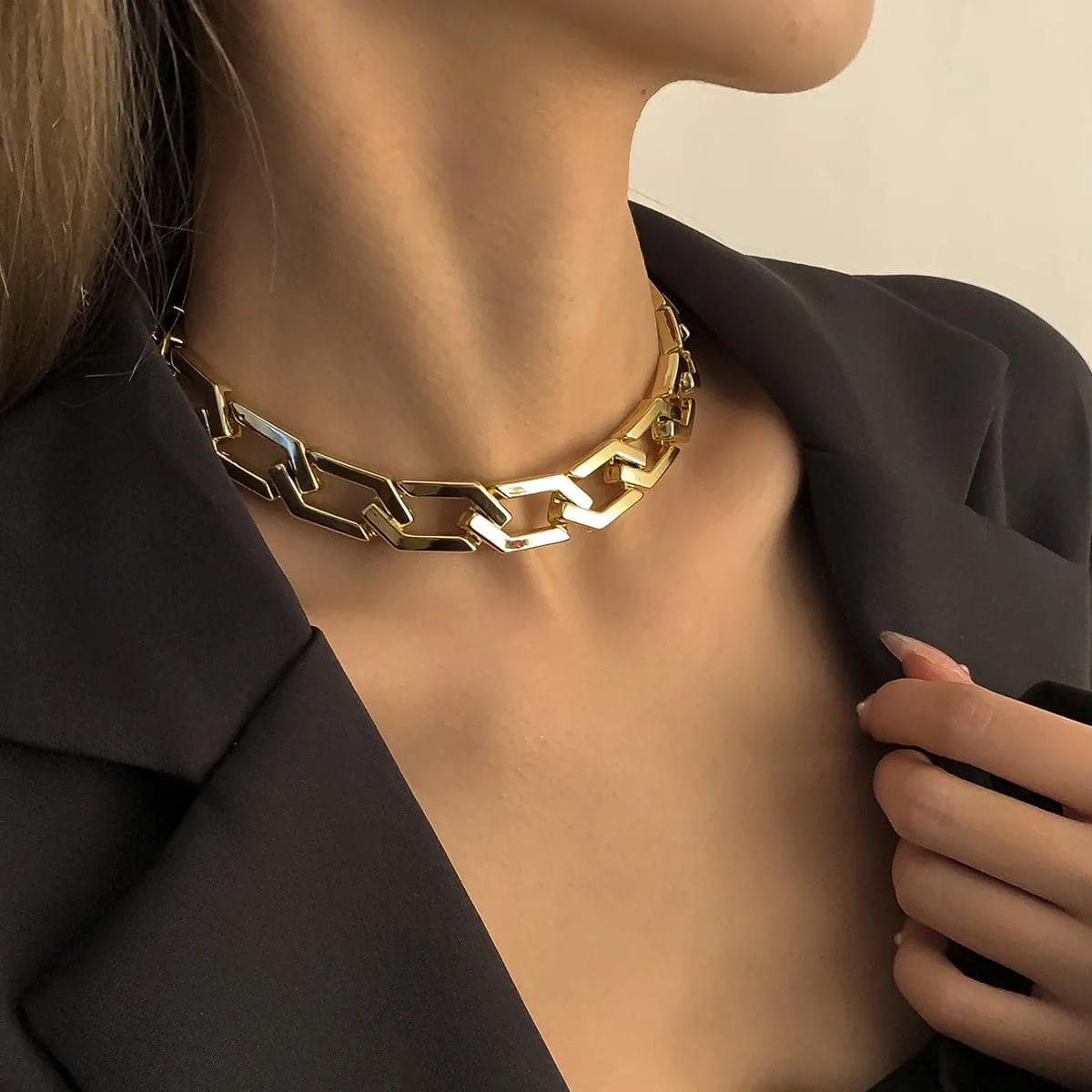 18K Gold-Plated Open Hexagon Choker Necklace