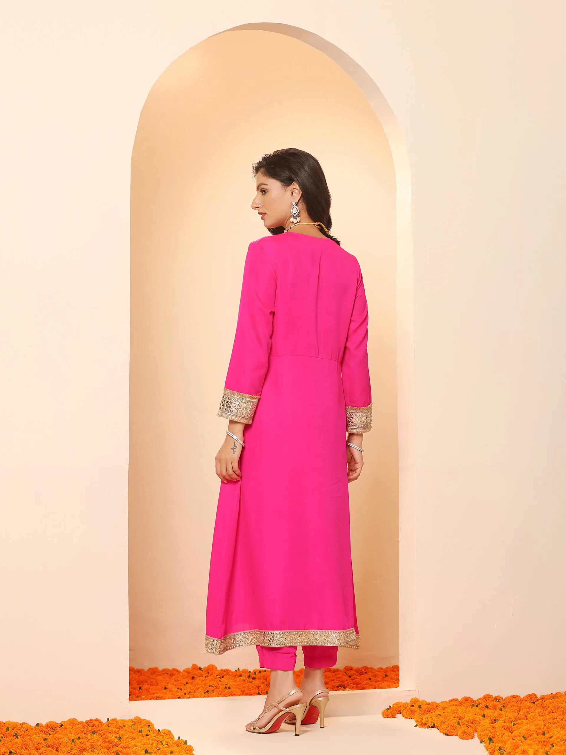3 pc SET - Fuchsia Kurta with Lace With Pant and Fuchsia and Green Dupatta