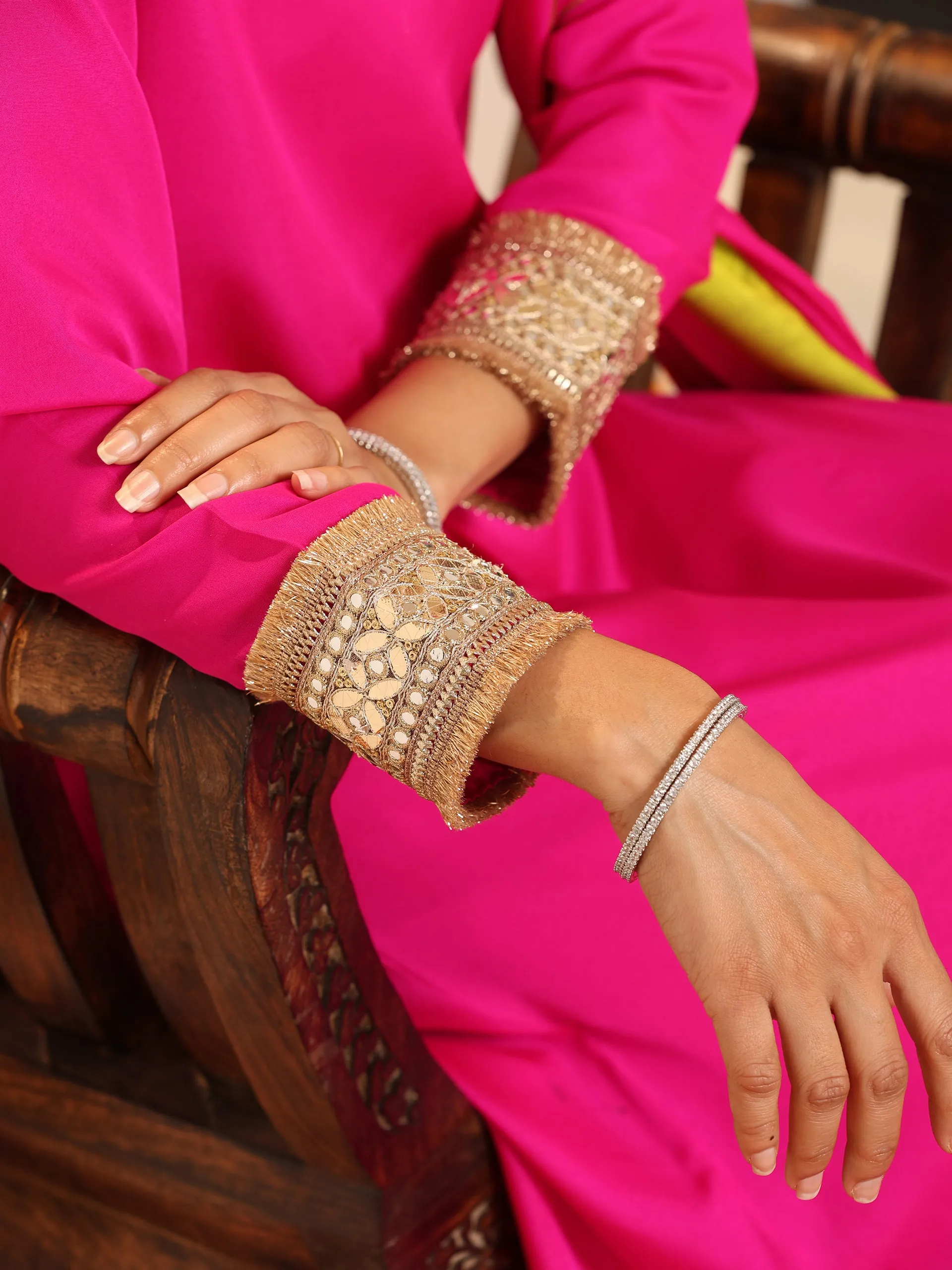 3 pc SET - Fuchsia Kurta with Lace With Pant and Fuchsia and Green Dupatta
