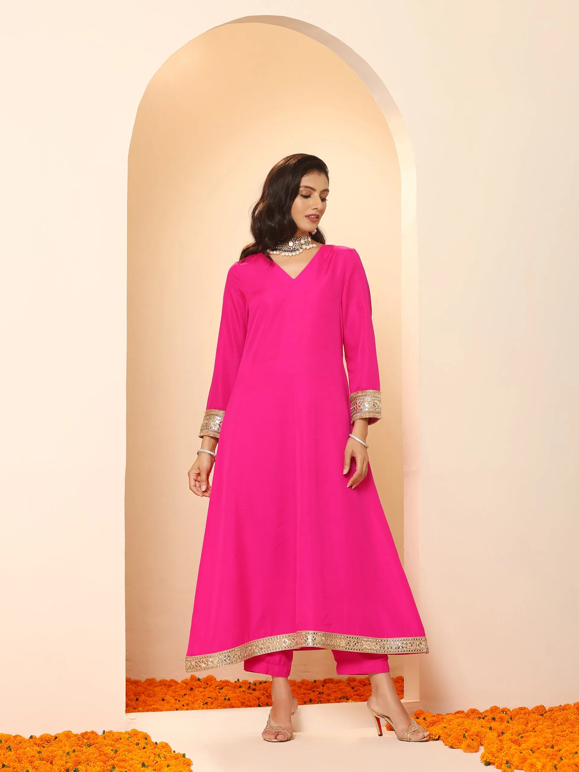 3 pc SET - Fuchsia Kurta with Lace With Pant and Fuchsia and Green Dupatta