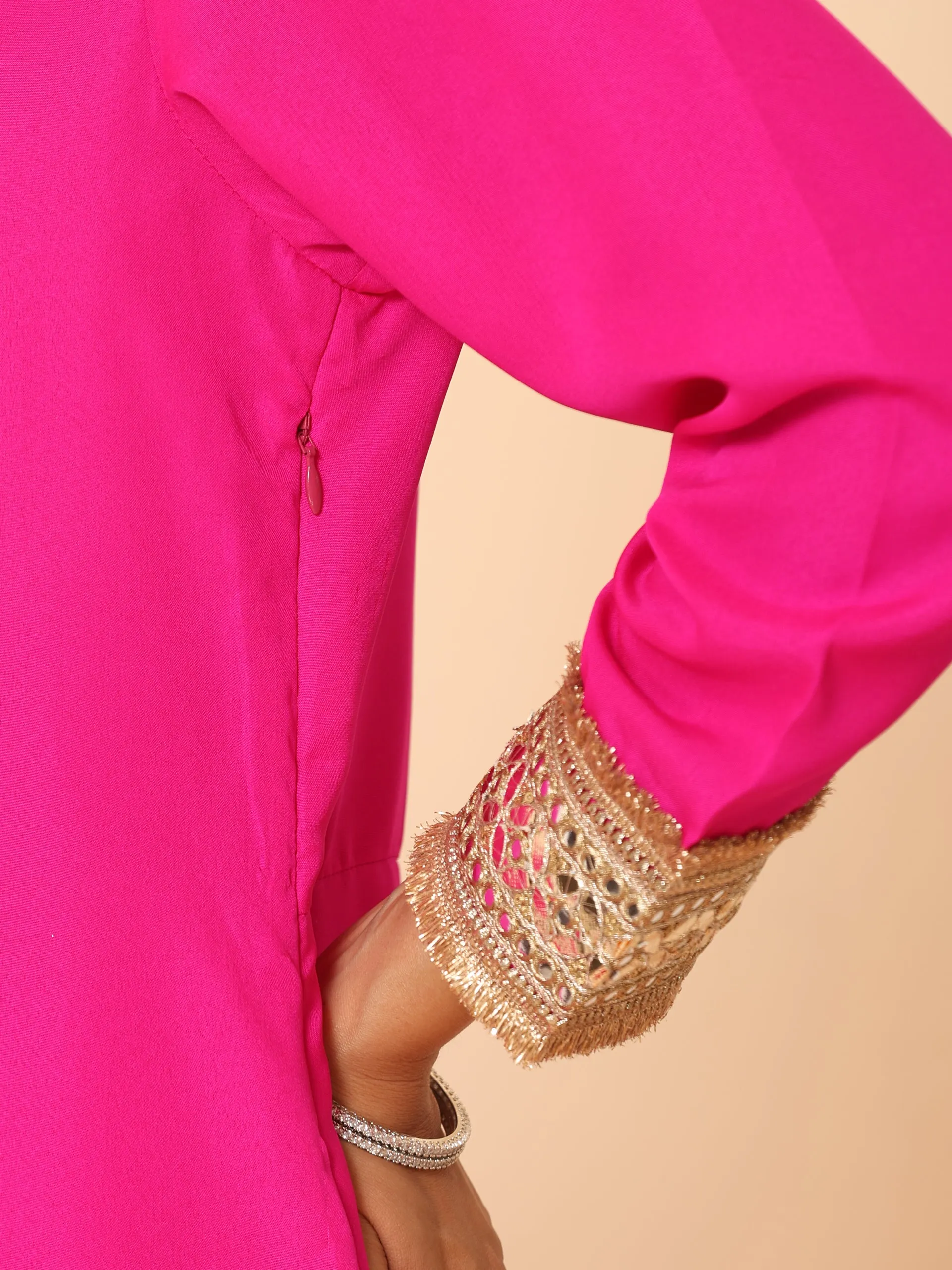 3 pc SET - Fuchsia Kurta with Lace With Pant and Fuchsia and Green Dupatta