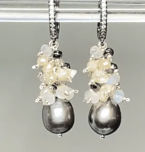 Black Grey Pearl Earrings with Moonstone Keishi Pearl and Black Sparkly Clusters