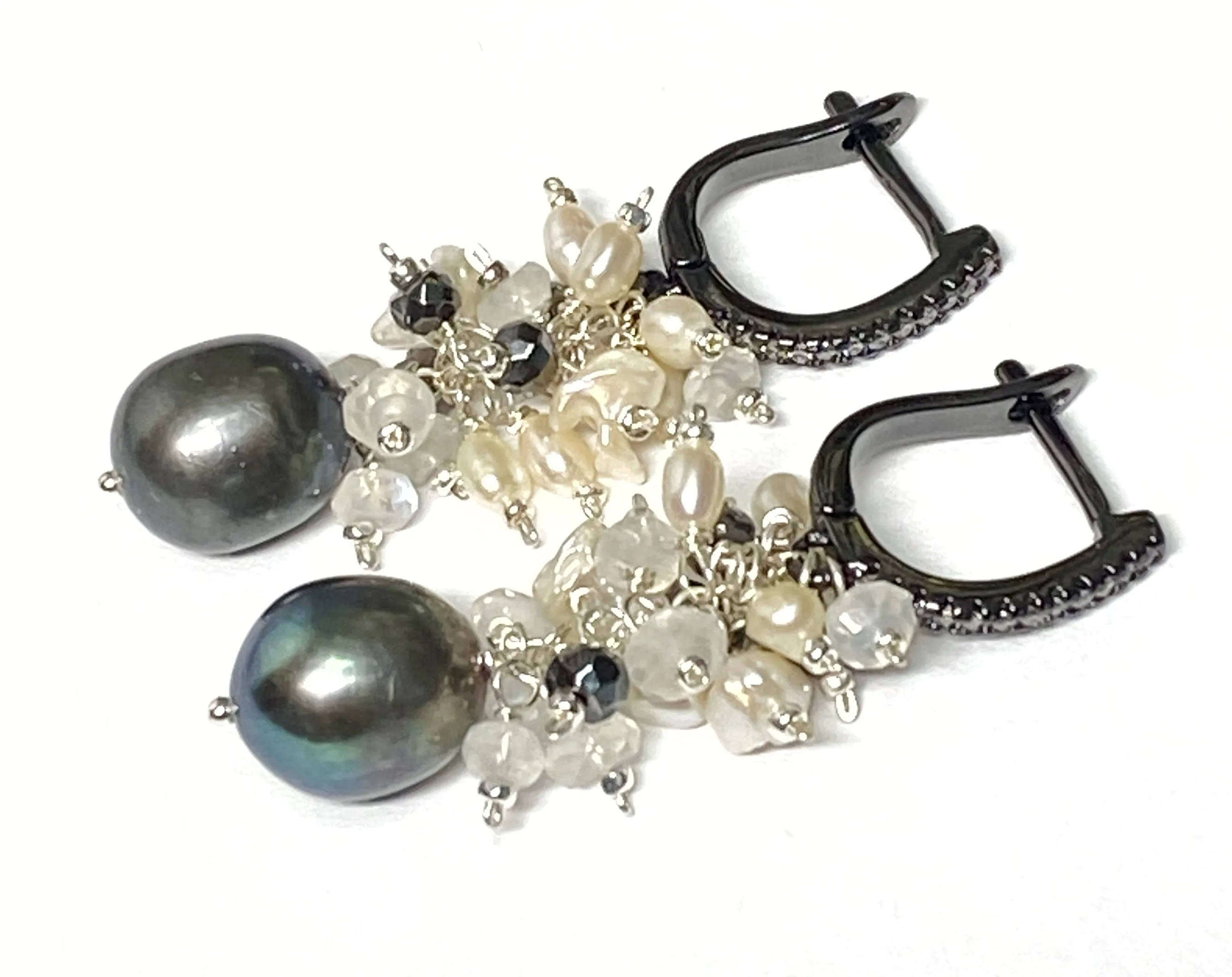 Black Grey Pearl Earrings with Moonstone Keishi Pearl and Black Sparkly Clusters