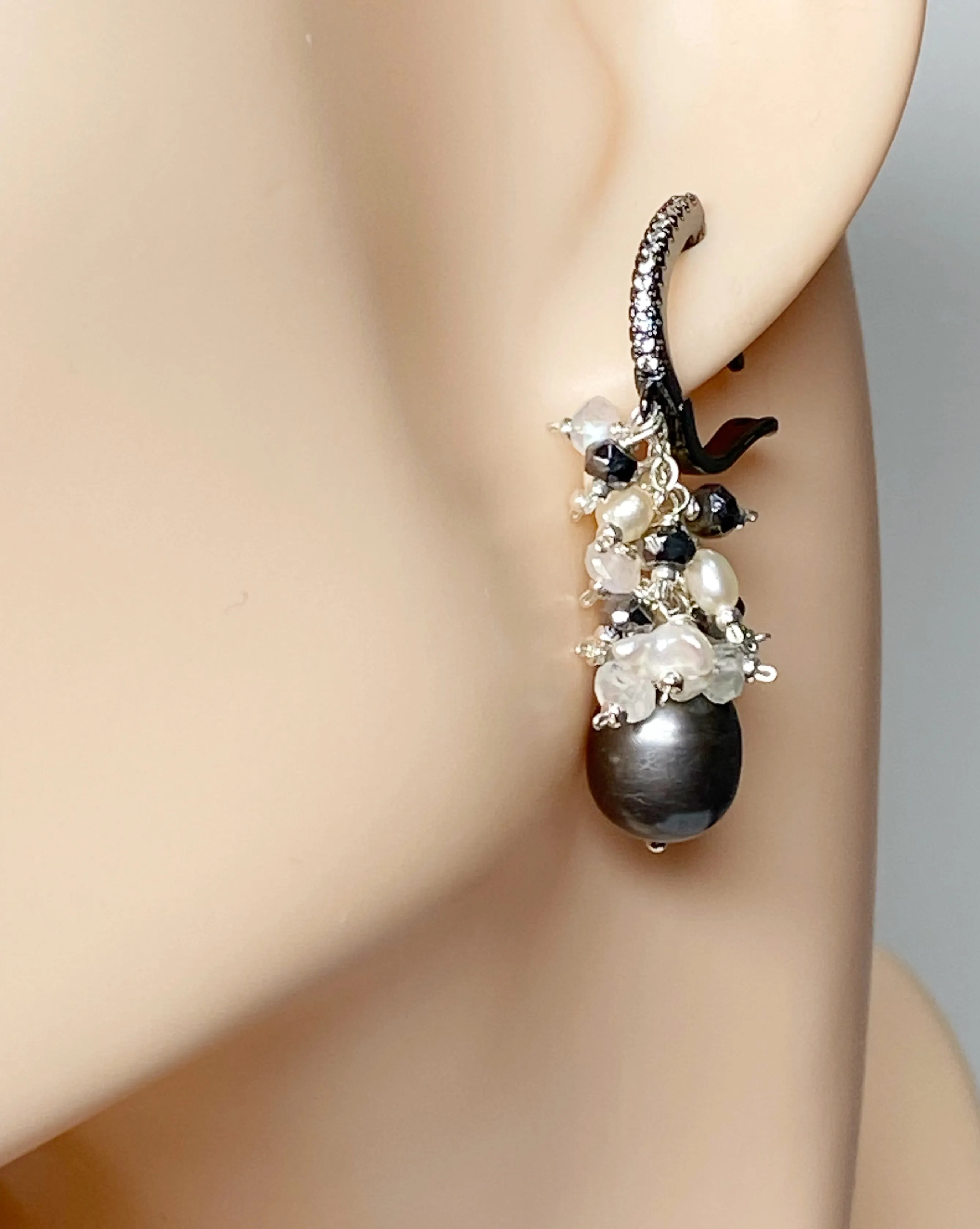 Black Grey Pearl Earrings with Moonstone Keishi Pearl and Black Sparkly Clusters