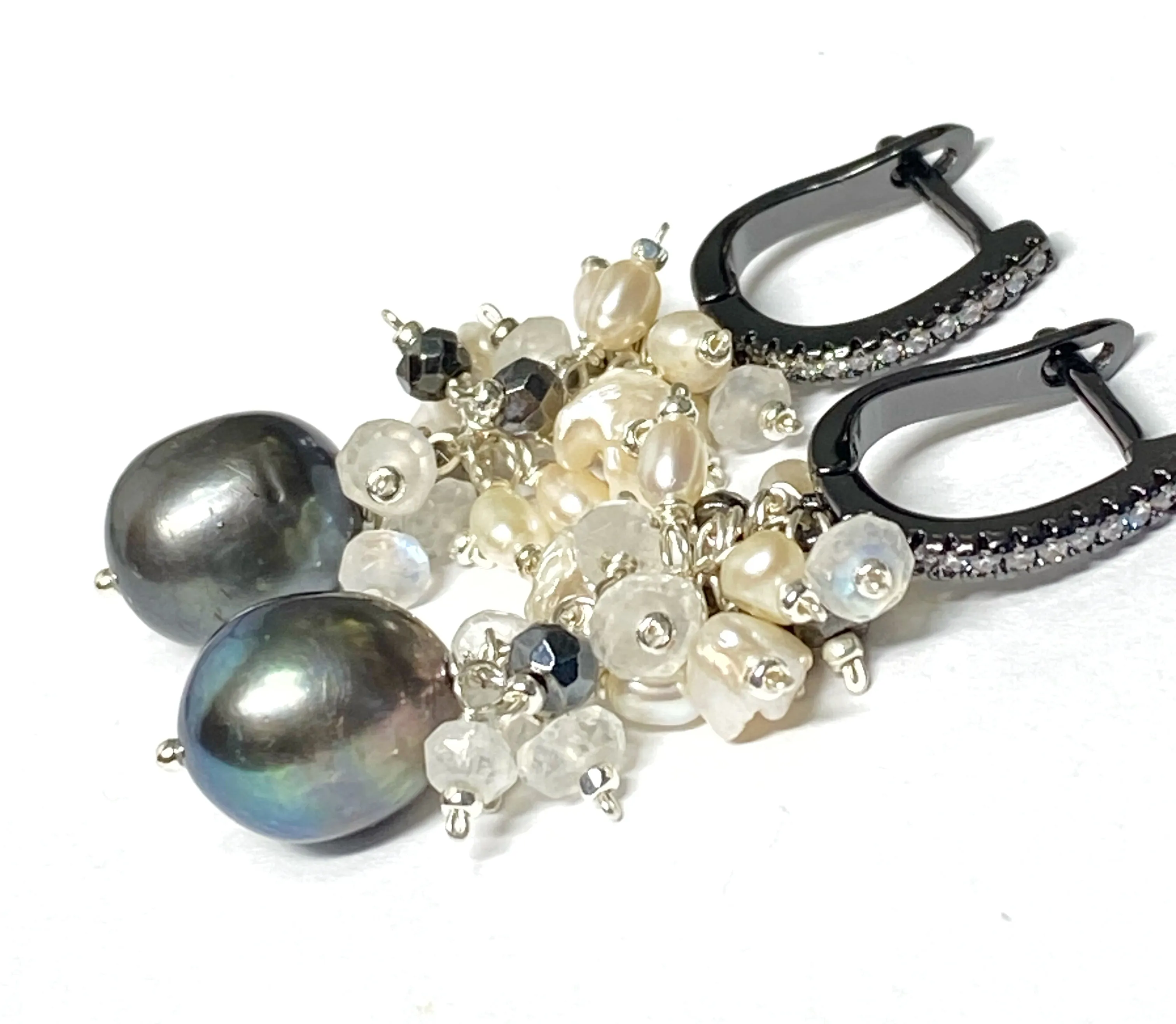 Black Grey Pearl Earrings with Moonstone Keishi Pearl and Black Sparkly Clusters