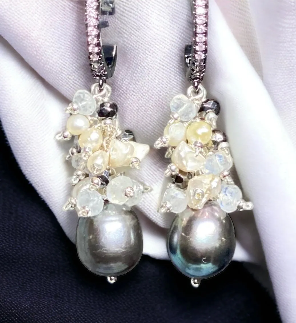 Black Grey Pearl Earrings with Moonstone Keishi Pearl and Black Sparkly Clusters