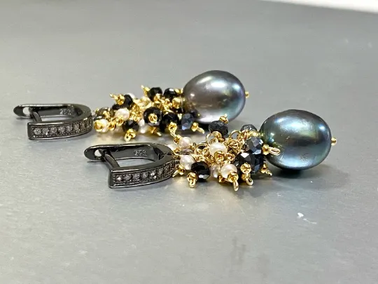 Black Pearl Earrings with White Pearl and Black Spinel Clusters Lever Back