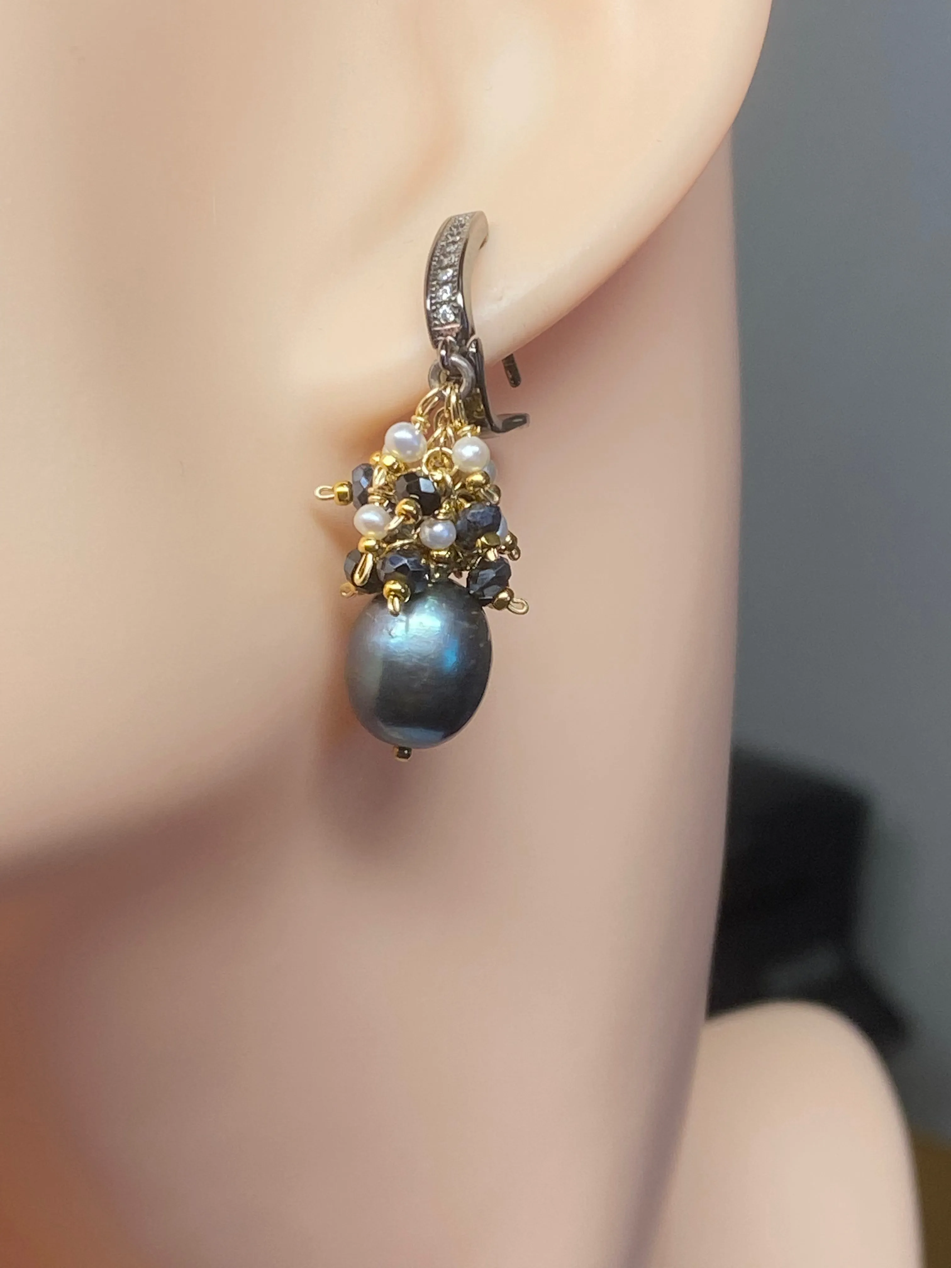 Black Pearl Earrings with White Pearl and Black Spinel Clusters Lever Back