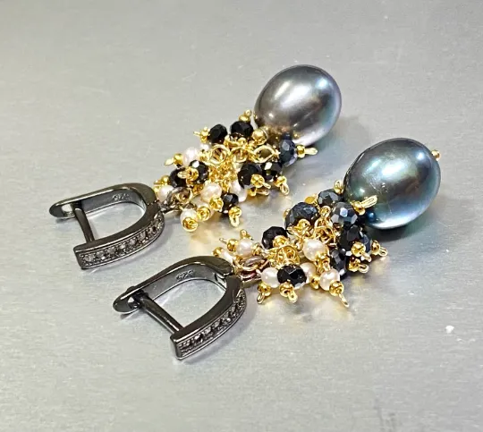 Black Pearl Earrings with White Pearl and Black Spinel Clusters Lever Back