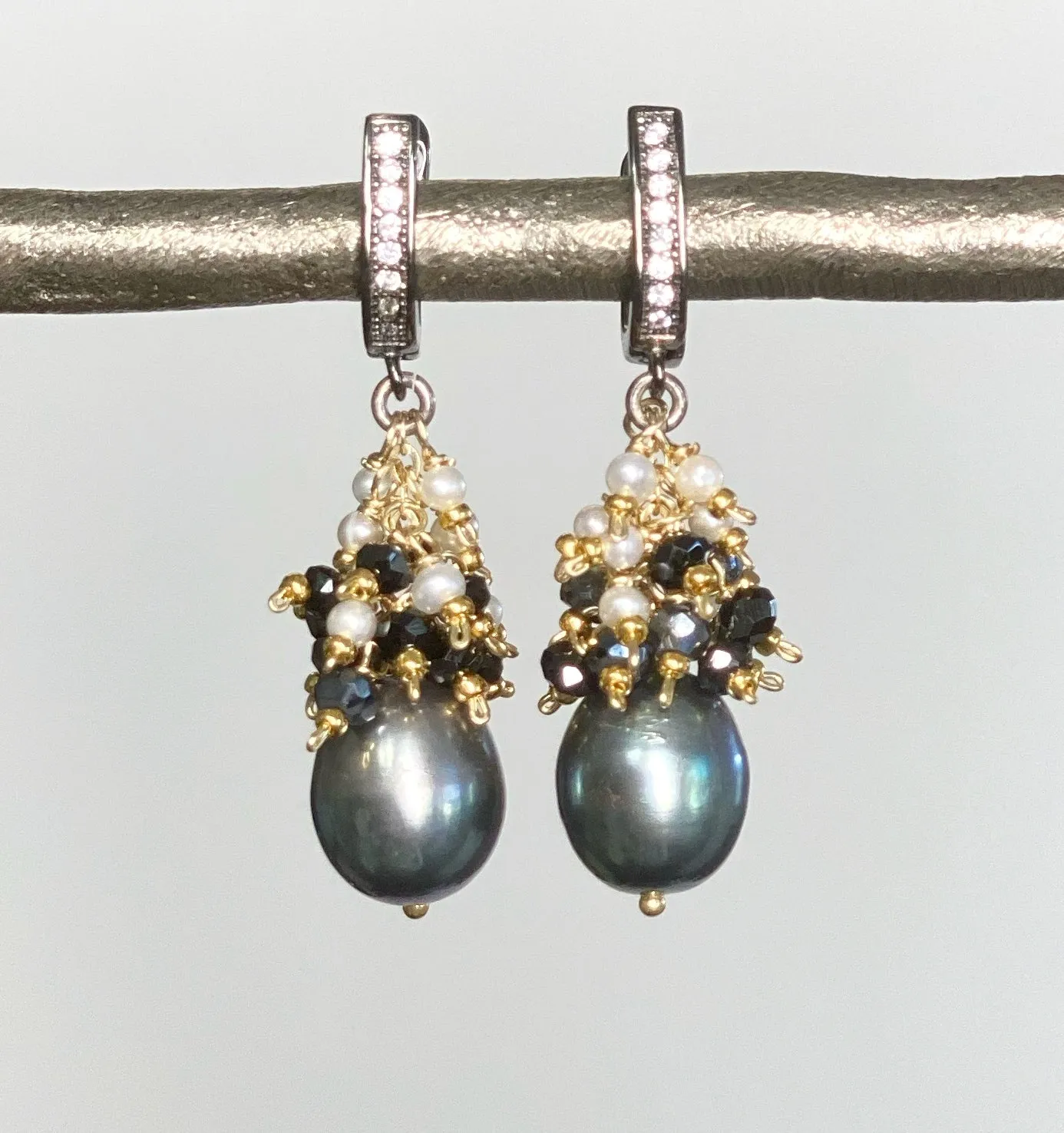 Black Pearl Earrings with White Pearl and Black Spinel Clusters Lever Back