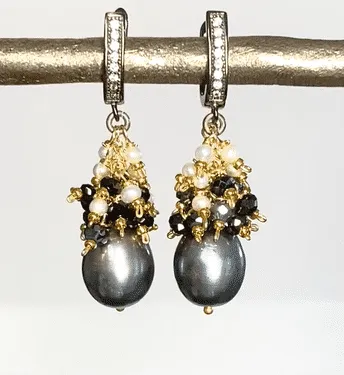 Black Pearl Earrings with White Pearl and Black Spinel Clusters Lever Back