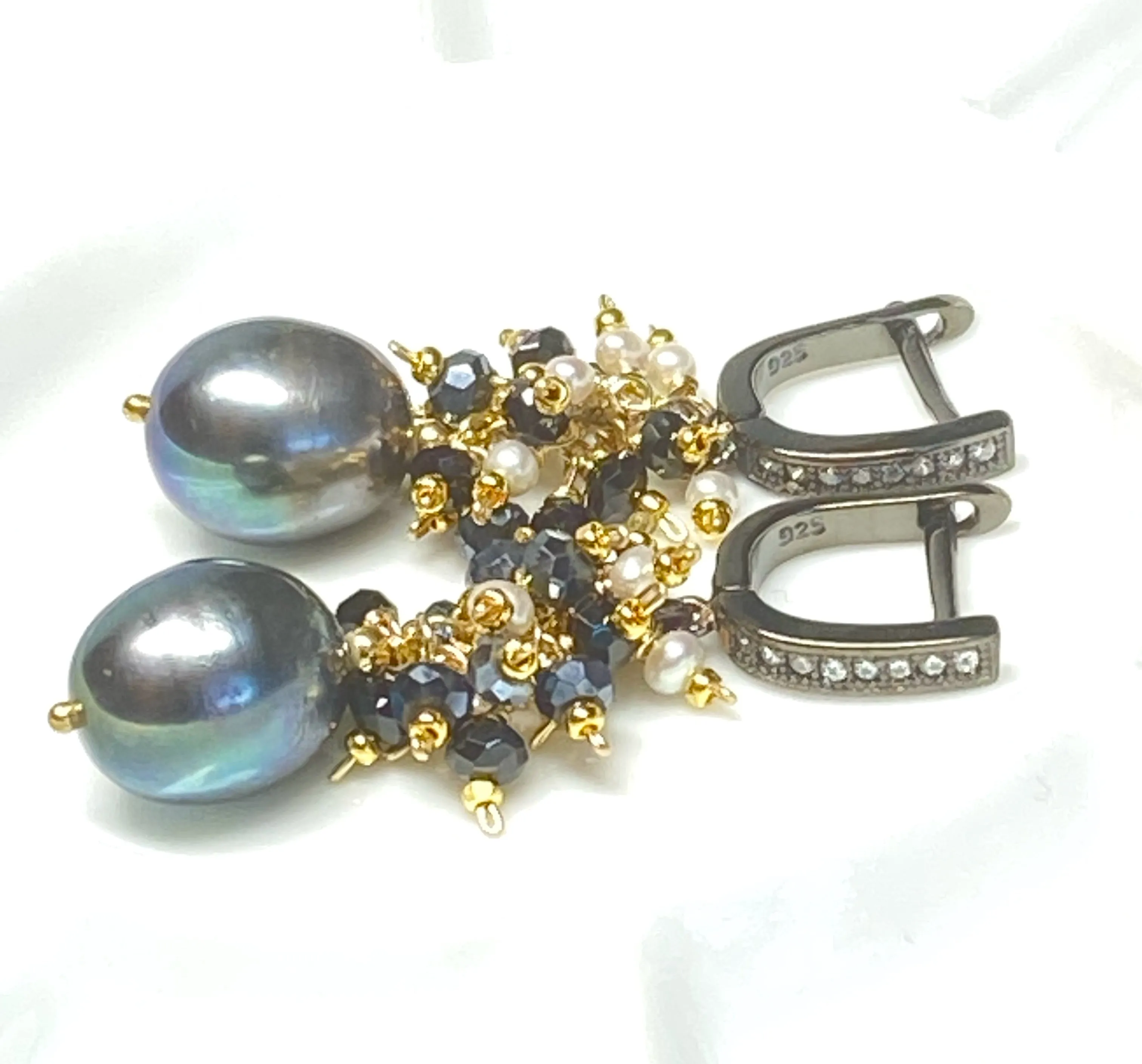 Black Pearl Earrings with White Pearl and Black Spinel Clusters Lever Back