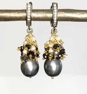 Black Pearl Earrings with White Pearl and Black Spinel Clusters Lever Back