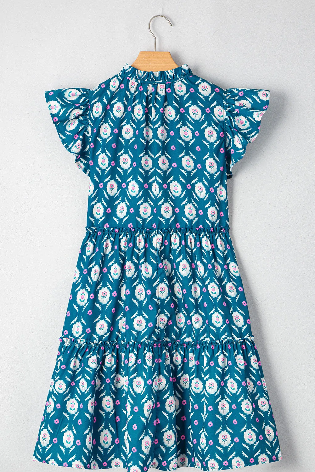 Blue Retro Floral Print Split Neck Ruffle Short Sleeve Dress