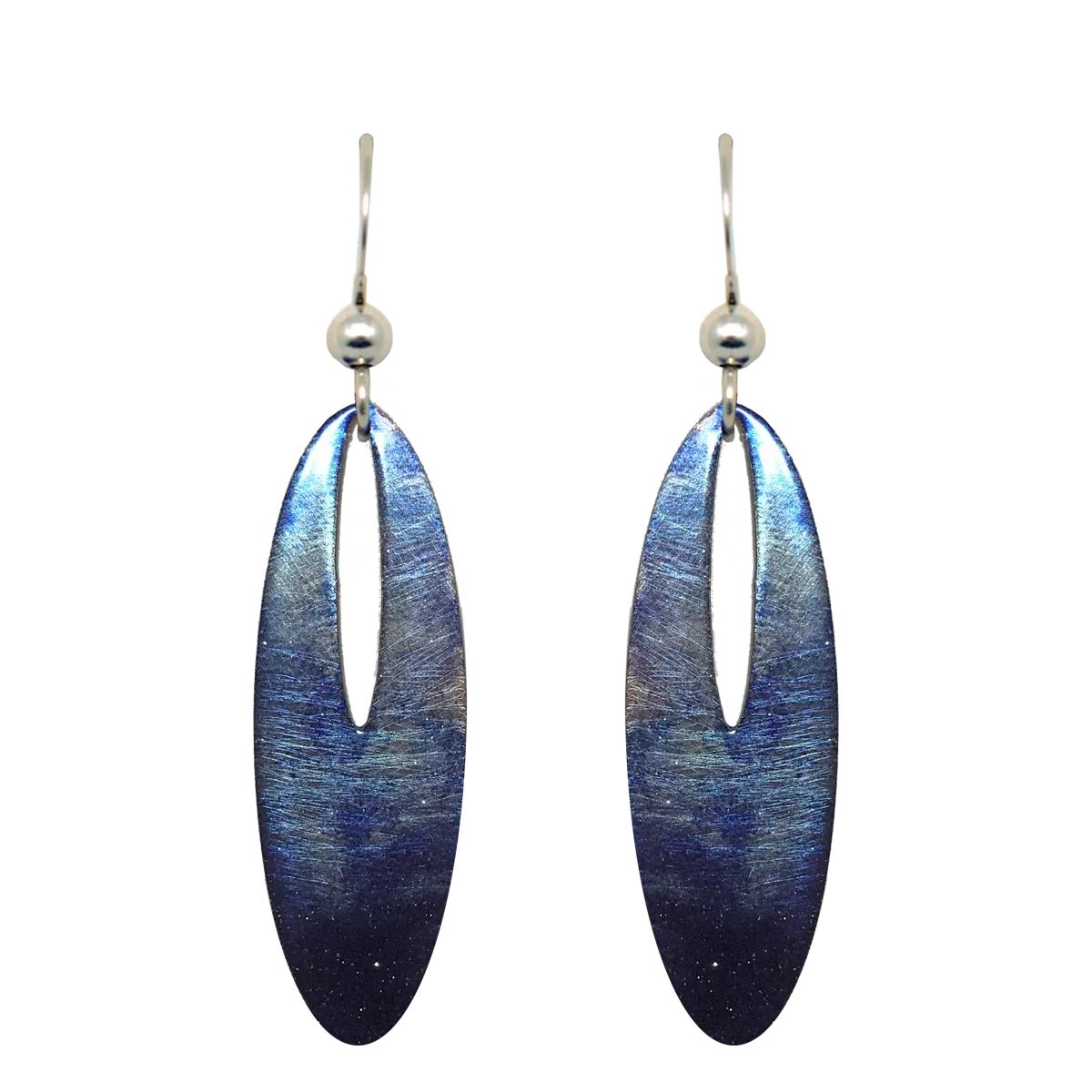 Blue Water Color Metallic 2 inch Slender Oval Eye Earrings, Sterling Silver Earwires, Item# 2476