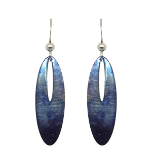 Blue Water Color Metallic 2 inch Slender Oval Eye Earrings, Sterling Silver Earwires, Item# 2476