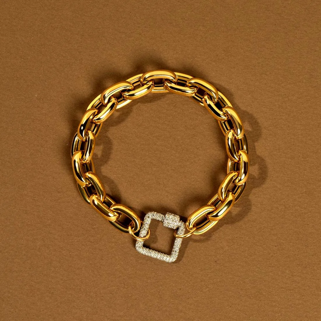 Bold Links Chain Bracelet with Diamond Pave Square Carabiner