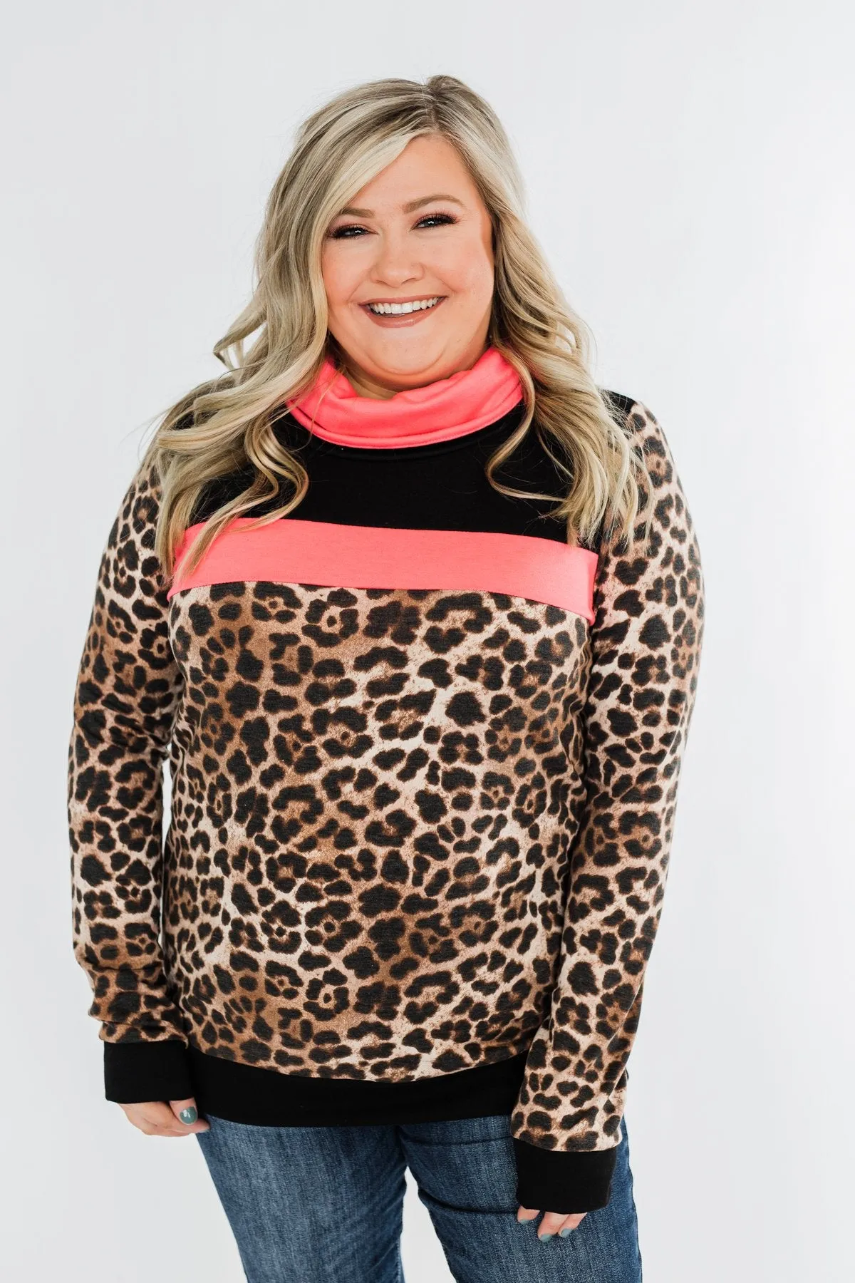 Born To Be Bold Cowl Neck Pullover- Leopard & Neon Pink