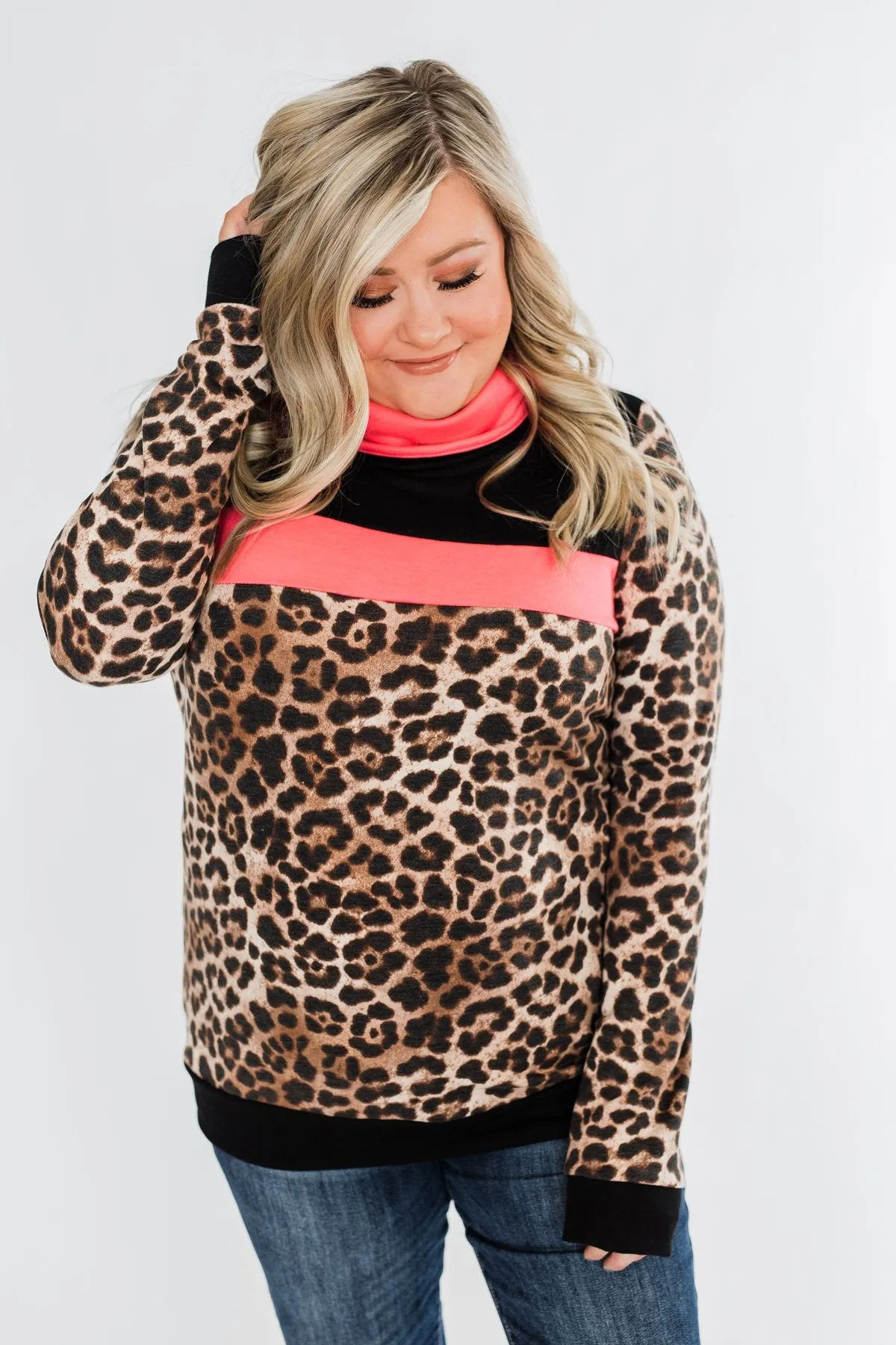 Born To Be Bold Cowl Neck Pullover- Leopard & Neon Pink