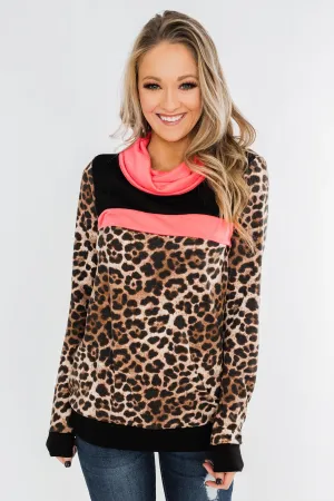 Born To Be Bold Cowl Neck Pullover- Leopard & Neon Pink