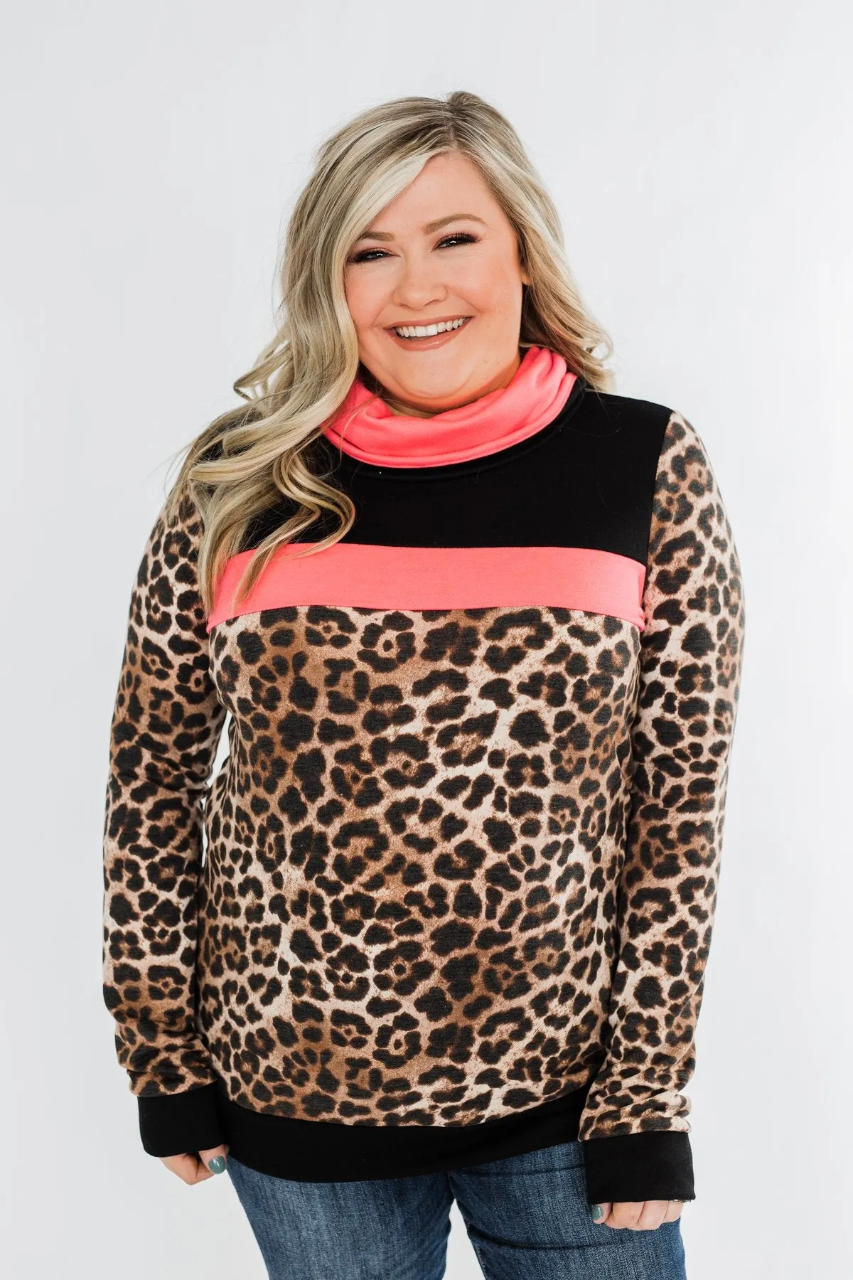 Born To Be Bold Cowl Neck Pullover- Leopard & Neon Pink