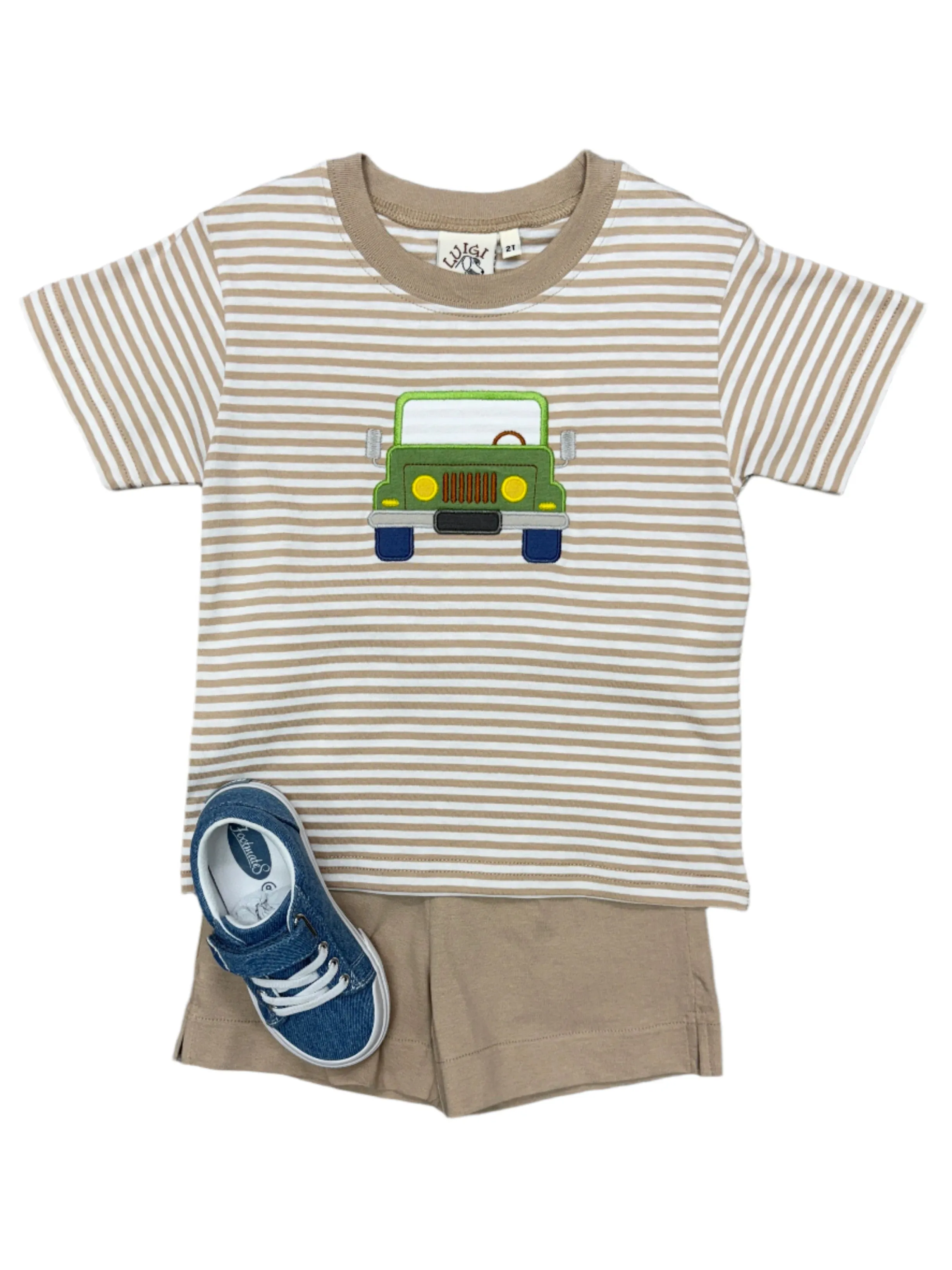 Boys S/S Shirt w/ Jeep - Sand/White Stripe