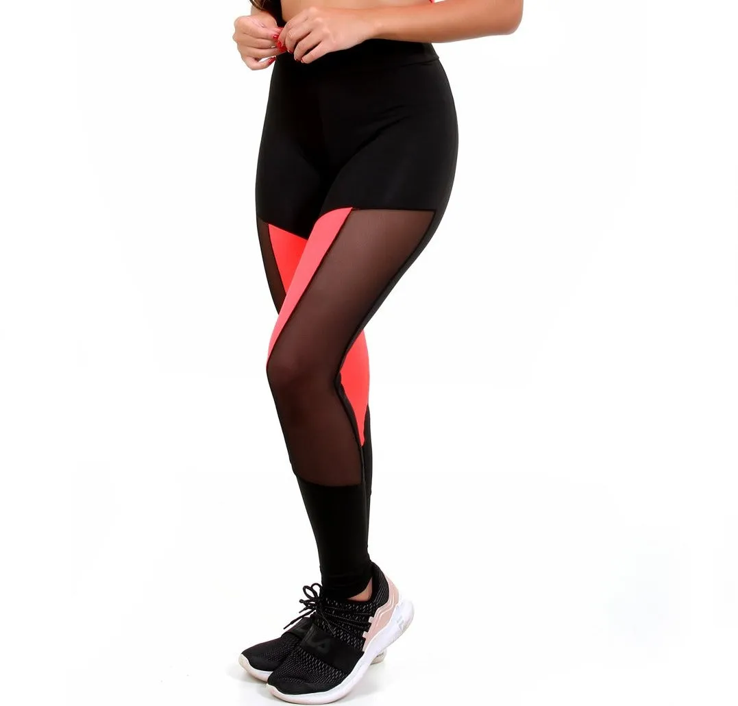 Calça Legging Preta com Detalhe Neon com Tule