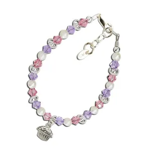 Children's Bracelets:  Sterling Silver, Swarovski Crystals, Cupcake Charm Age 1 - 5