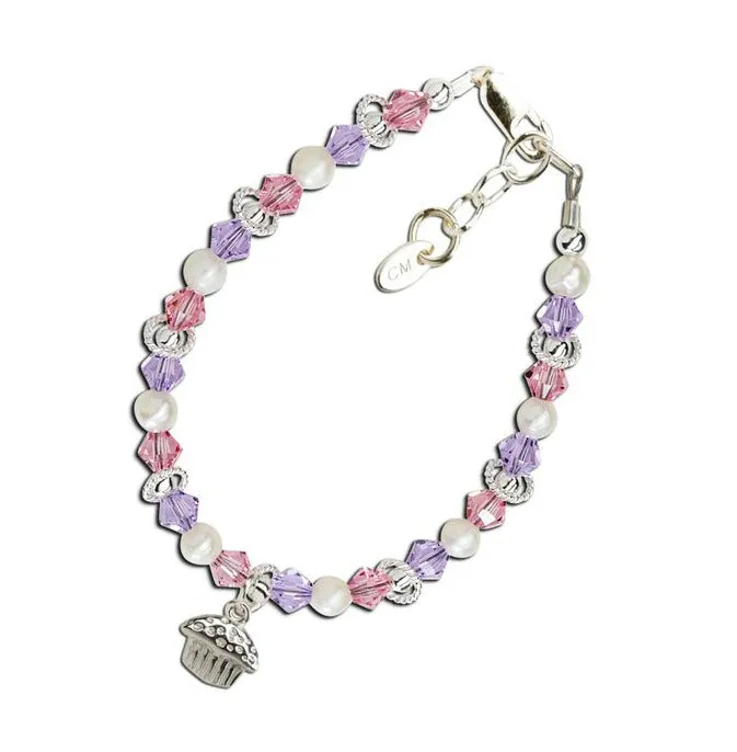 Children's Bracelets:  Sterling Silver, Swarovski Crystals, Cupcake Charm Age 1 - 5
