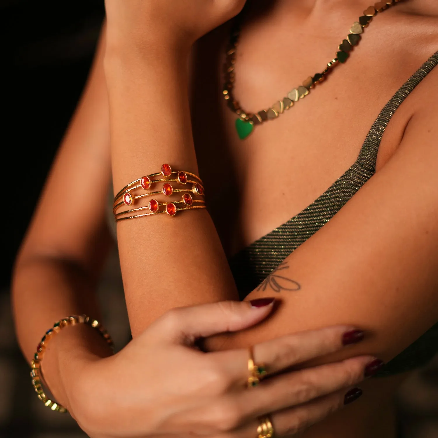 Cleopatra Gold & Carnelian Stone Cuff Chunky Bracelet