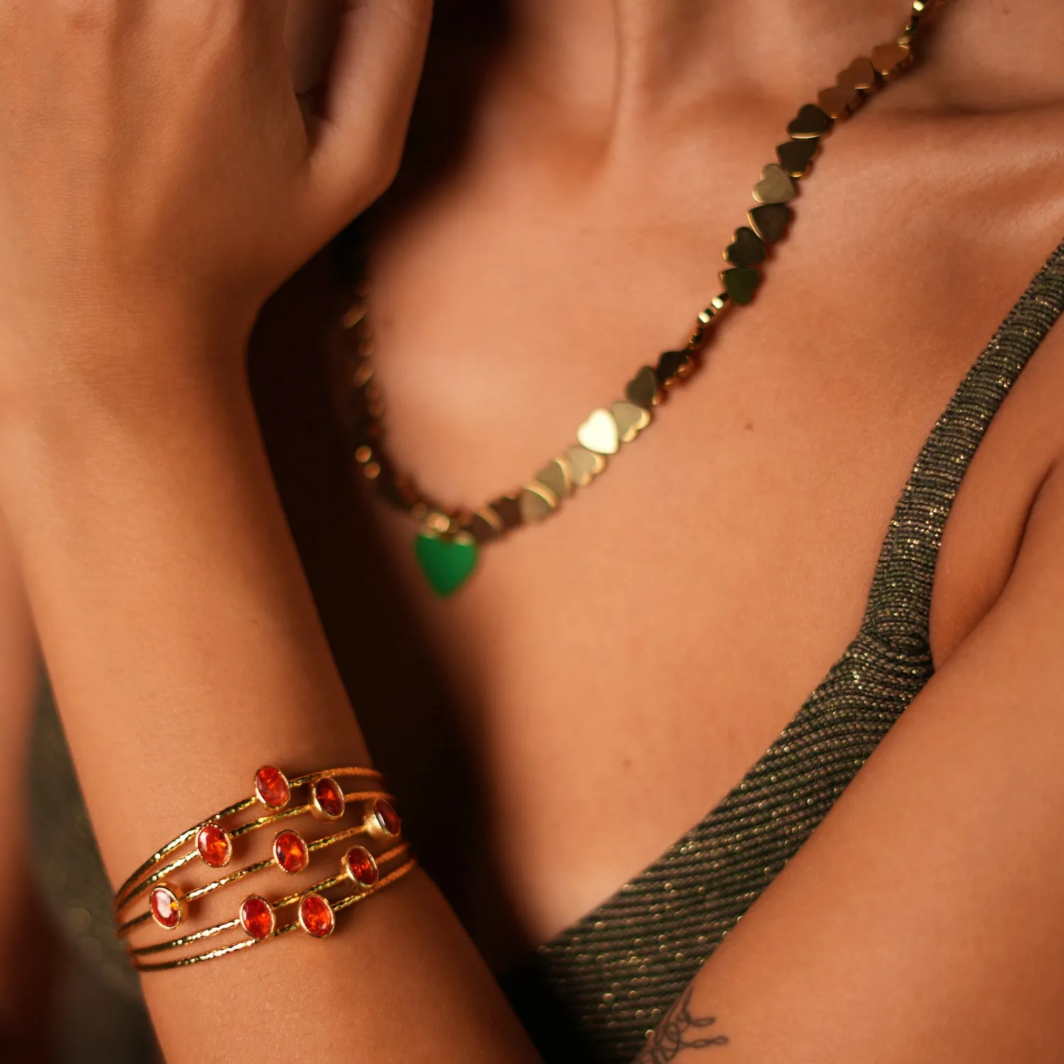 Cleopatra Gold & Carnelian Stone Cuff Chunky Bracelet
