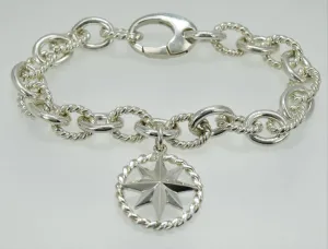Compass Rose Sterling Silver Bracelet with Grande Rope Rim Compass Charm