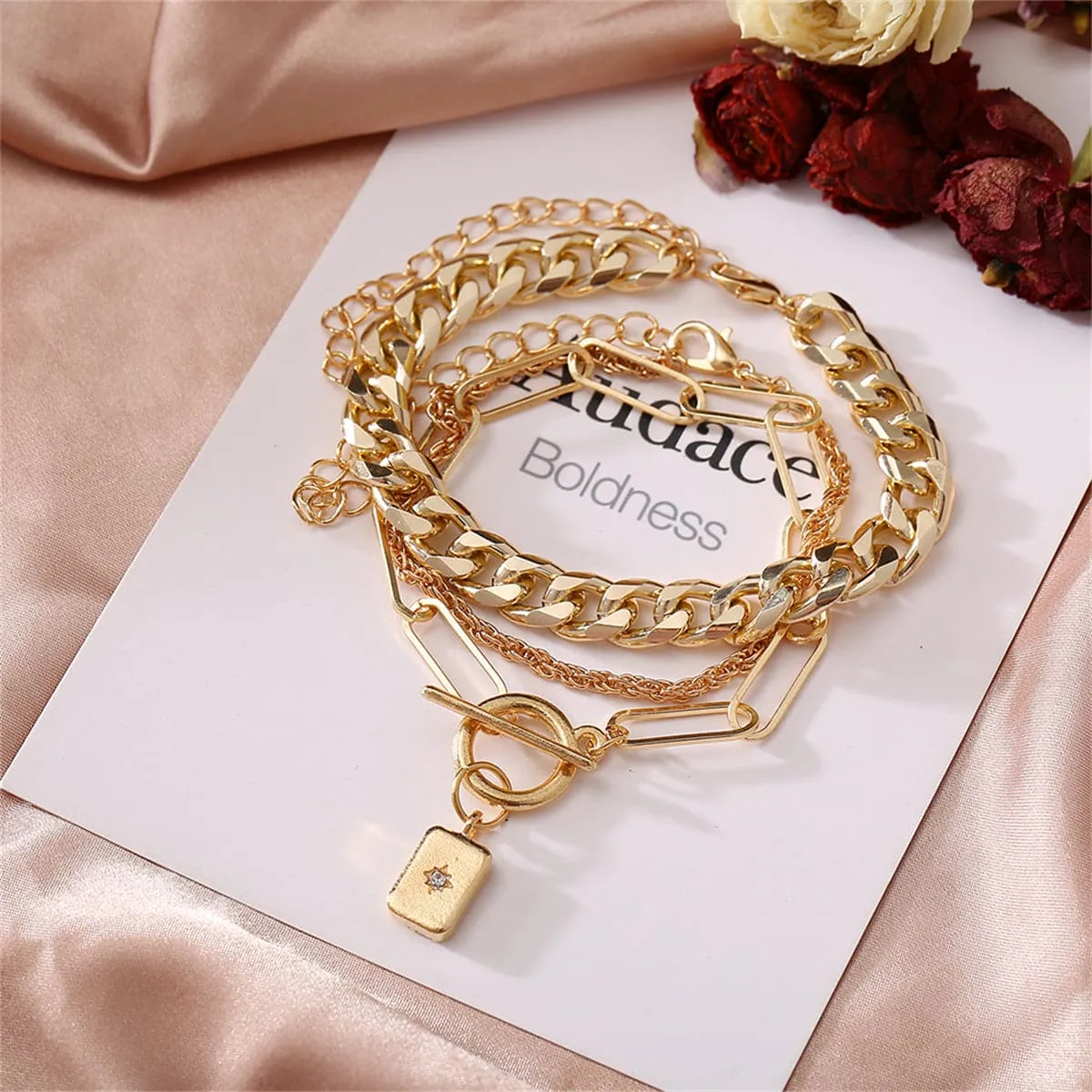 Cubic Zirconia & 18K Gold-Plated Cable Chain Toggle Bracelet Set