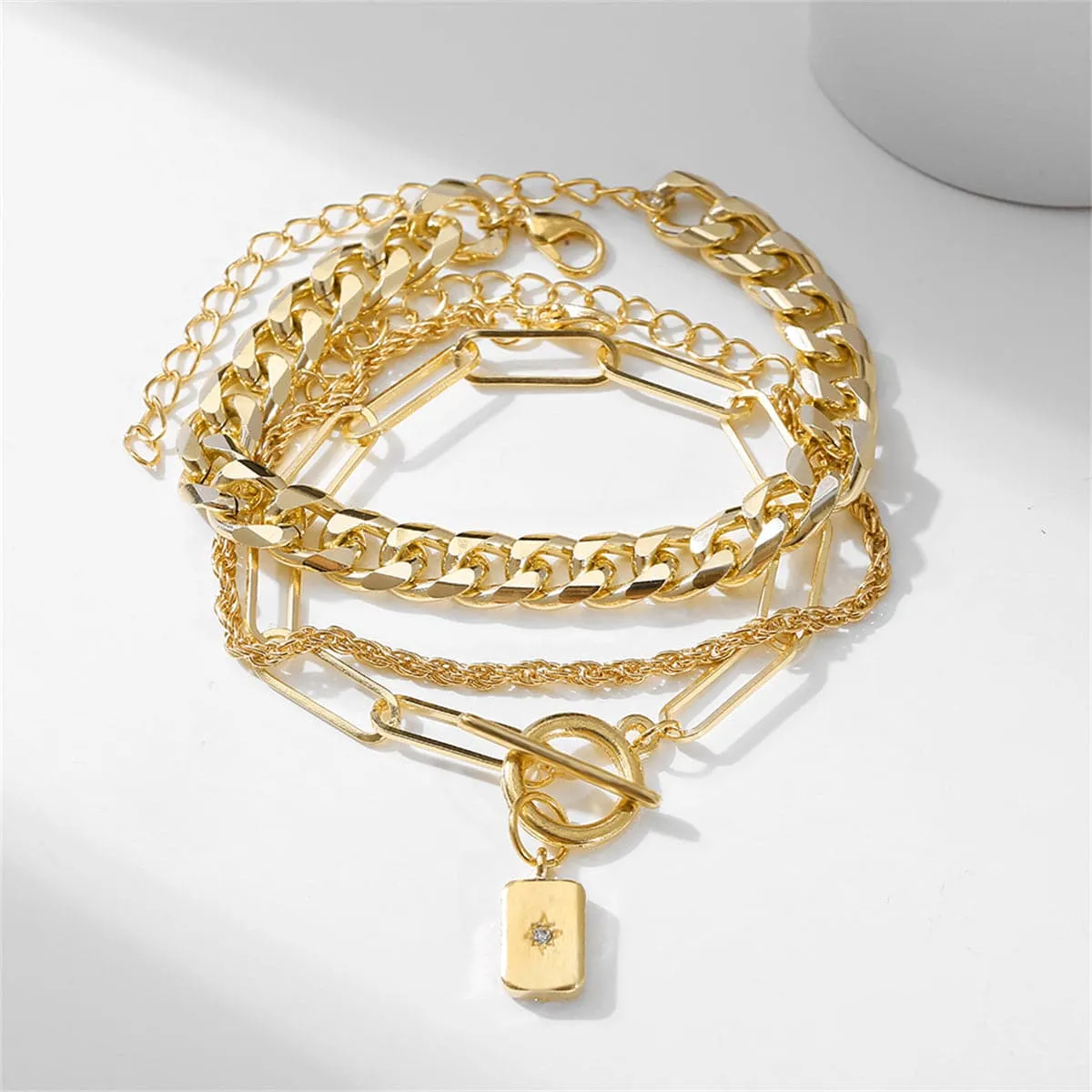 Cubic Zirconia & 18K Gold-Plated Cable Chain Toggle Bracelet Set