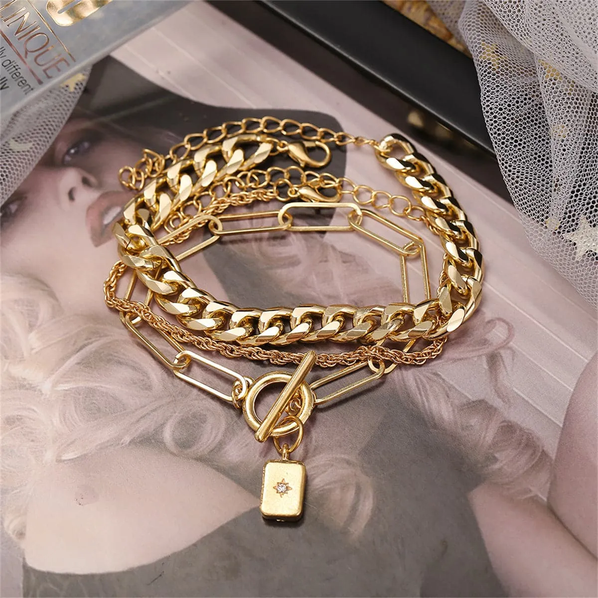 Cubic Zirconia & 18K Gold-Plated Cable Chain Toggle Bracelet Set