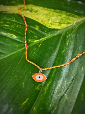 Fancy Orange Evil Eye Charm Designer Rakhi With Multicolored Thread For Raksha Bandhan Celebration