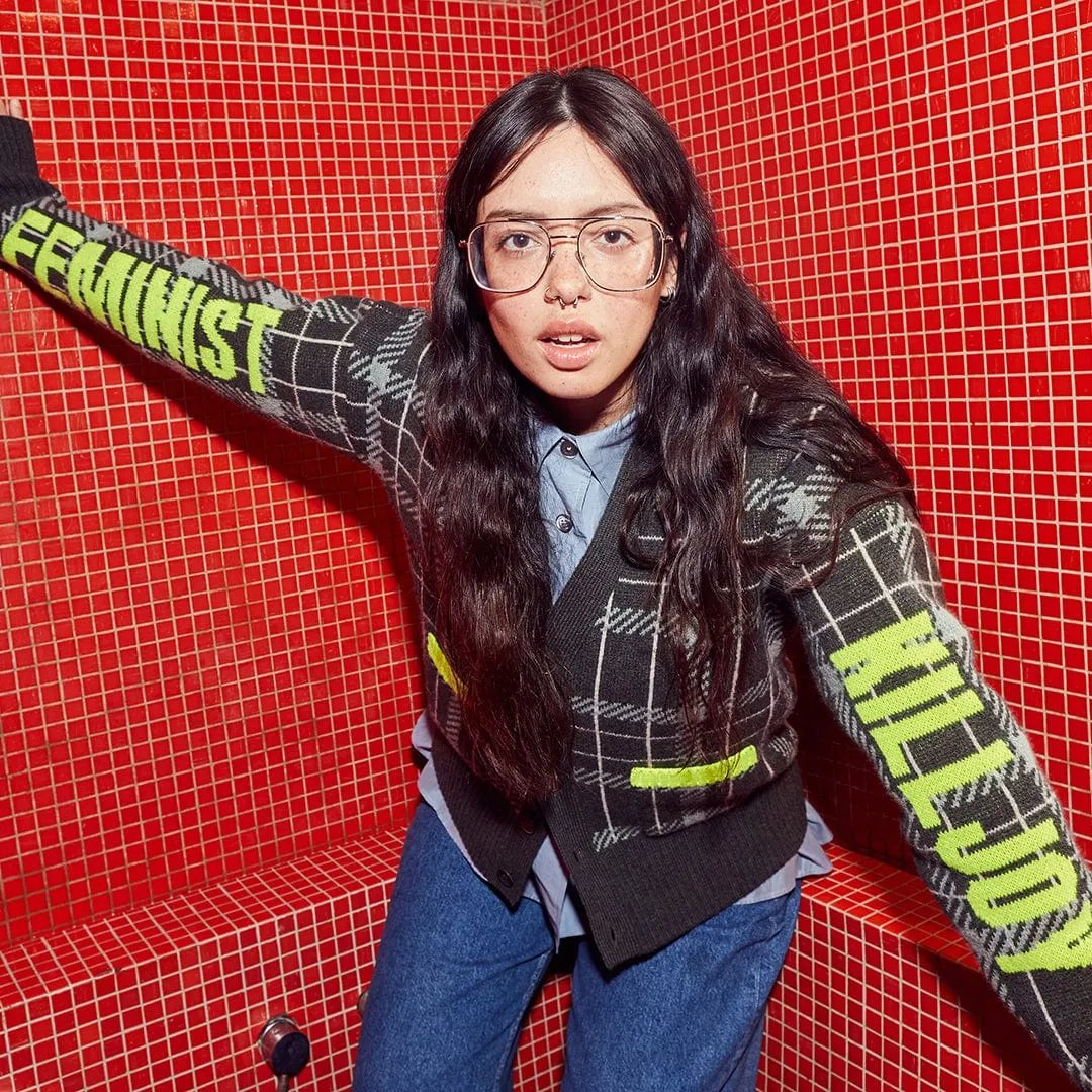 Feminist Killjoy Lambswool Cardigan in Seaweed & Neon Yellow