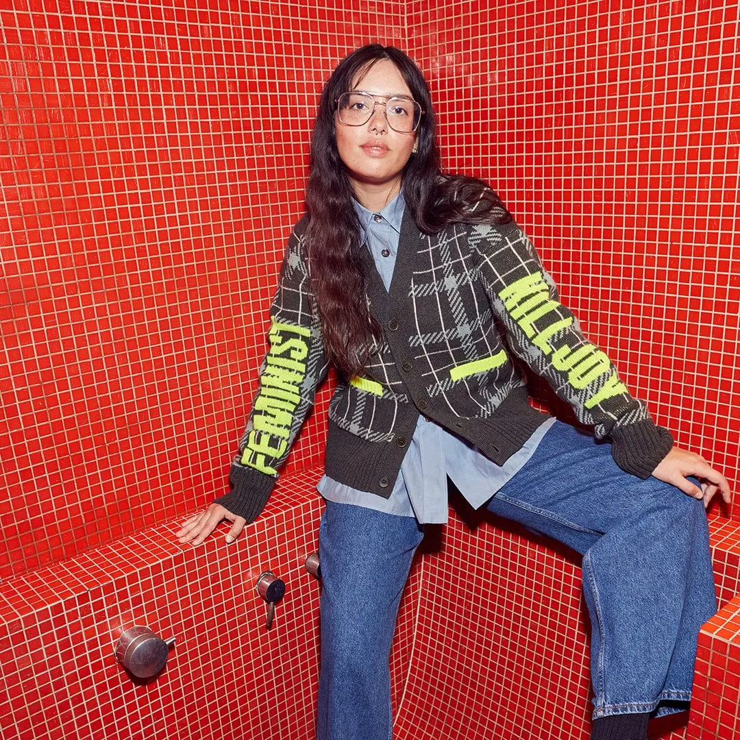 Feminist Killjoy Lambswool Cardigan in Seaweed & Neon Yellow