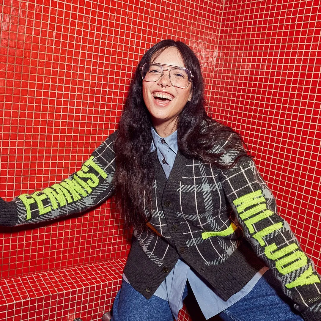 Feminist Killjoy Lambswool Cardigan in Seaweed & Neon Yellow