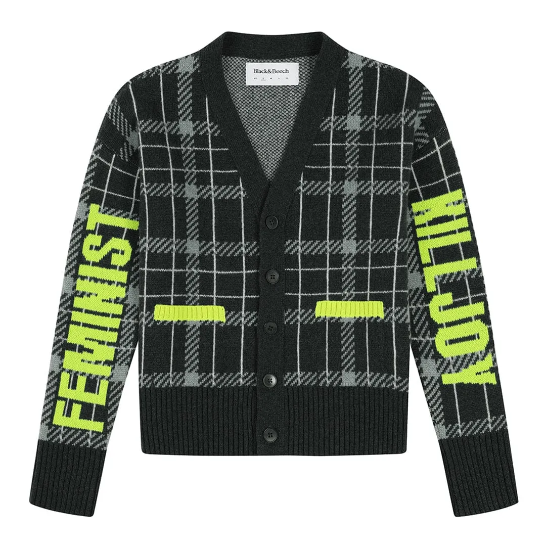 Feminist Killjoy Lambswool Cardigan in Seaweed & Neon Yellow