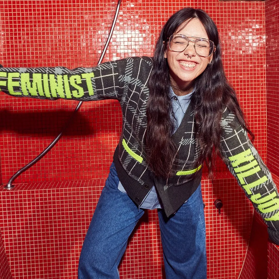 Feminist Killjoy Lambswool Cardigan in Seaweed & Neon Yellow
